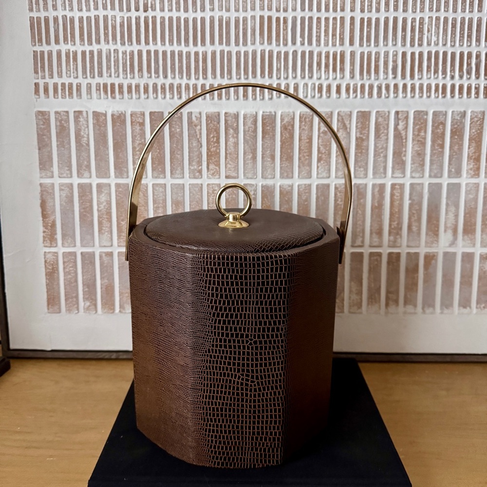 Elegant Vintage Mid-Century Ice Bucket w/Vinyl Faux Alligator Brasstone Accent